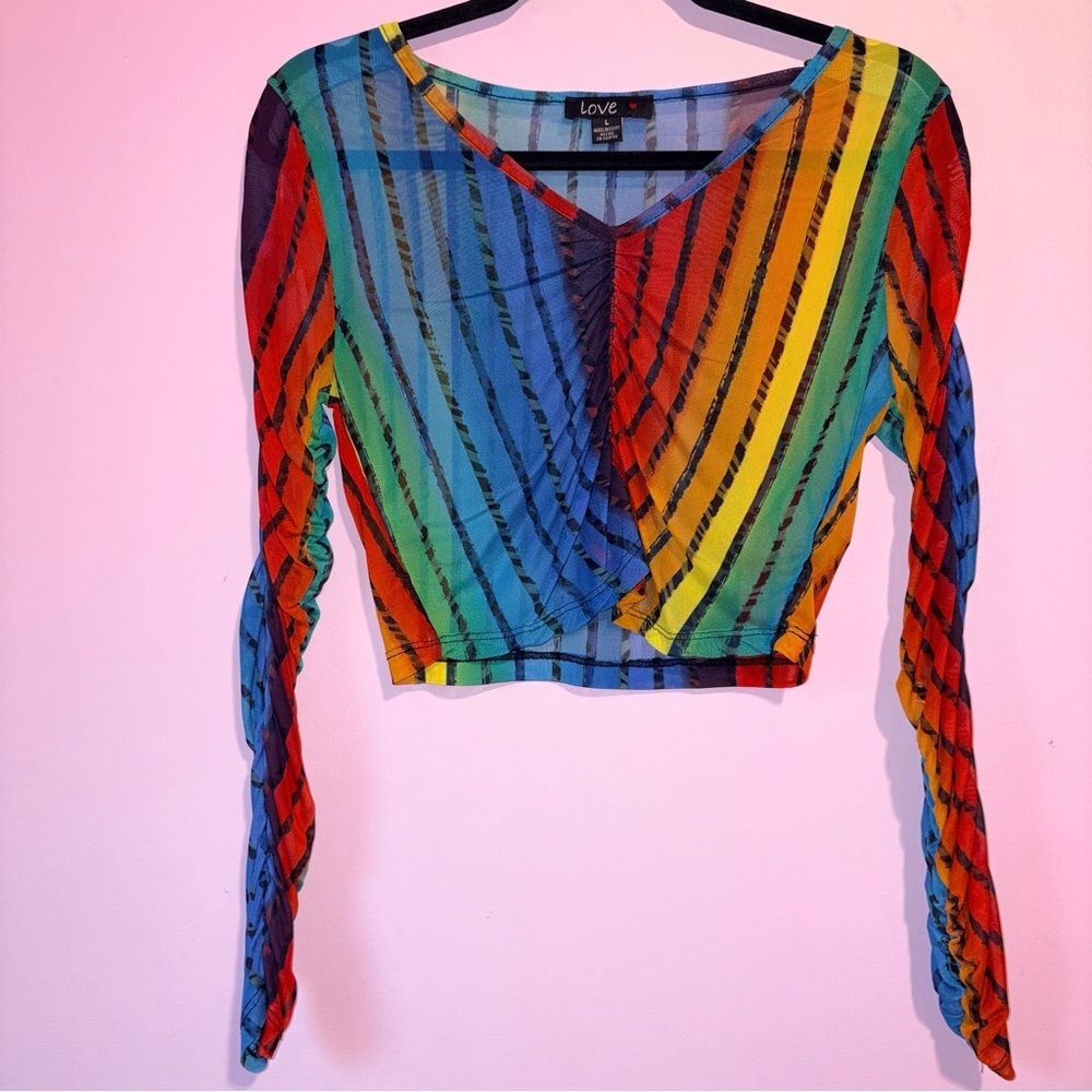 Love Mesh Sheer Rainbow Striped Crop Top Women L Festival Rave Maximalist Cinch